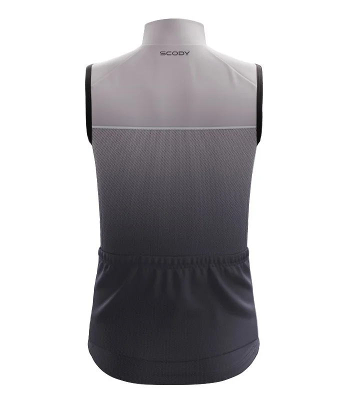Pale grey deepening to slate grey wind vest with mesh pockets on back