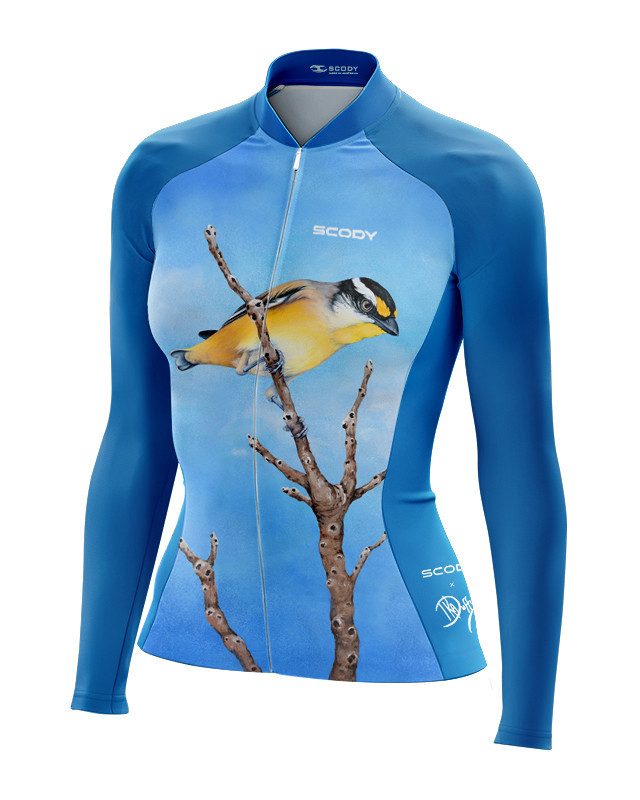 Australian Artist Cycle Jersey featuring a bright Pardalote perched on a branch against the blue Australian sky | Cycling Gear