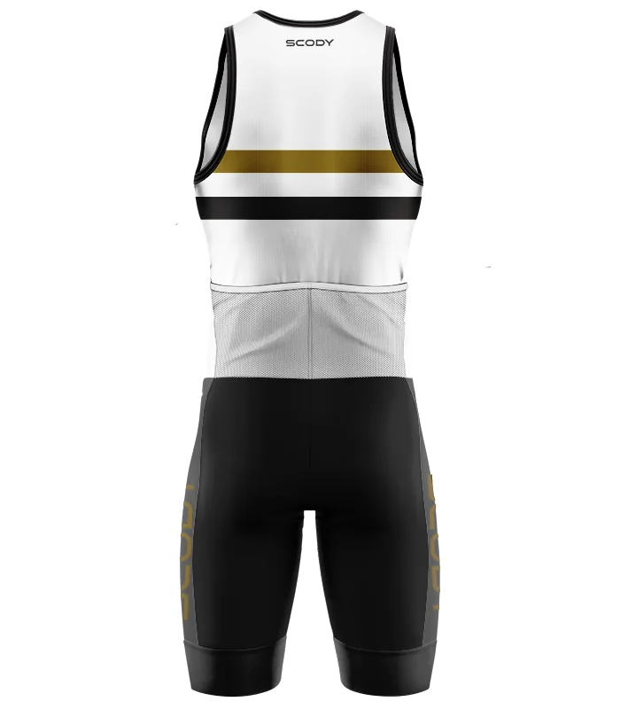 's White sleeveless triathlon suit w front zip for sale at Scody Australia. Flexible payment options| Triathlon Suits