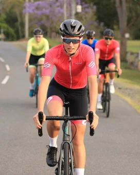 Staple Strawberry with sky blue logo detail Optimise Cycle Jersey and Strawberry Icon Bibs| Cycling Clothing