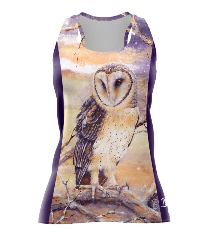 Monty Owl Run Singlet featuring art by Australian Artist Kristy-Ann Duffy. | Made in Australia | 97% recycled Fabric