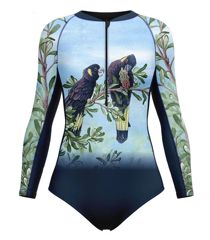 Kristy Ann Duffy Black Cockatoo Sleeved Swimsuit, UPF50+ | Beach Wear