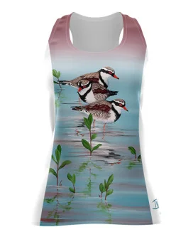 Three Dotterels Run Singlet featuring art by Australian Artist Kristy-Ann Duffy. | Made in Australia | 97% recycled Fabric