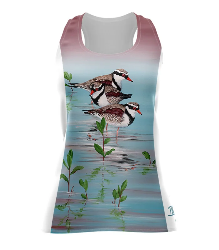 Three Dotterels Run Singlet featuring art by Australian Artist Kristy-Ann Duffy. | Made in Australia | 97% recycled Fabric