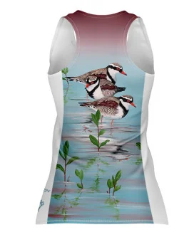 Three Dotterels Run Singlet featuring art by Australian Artist Kristy-Ann Duffy. | Made in Australia | 97% recycled Fabric