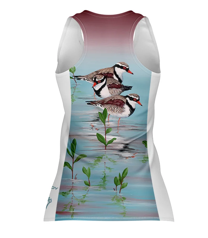 Three Dotterels Run Singlet featuring art by Australian Artist Kristy-Ann Duffy. | Made in Australia | 97% recycled Fabric