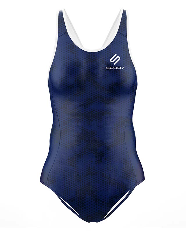 Navy Triathlon Swim Suit with subtle hexagonal print detail